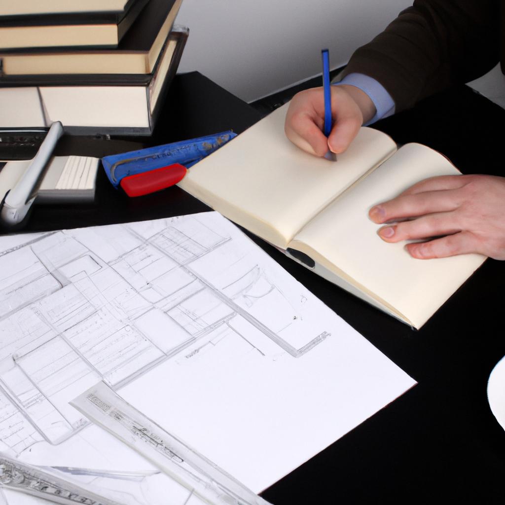 Architect examining blueprints at desk