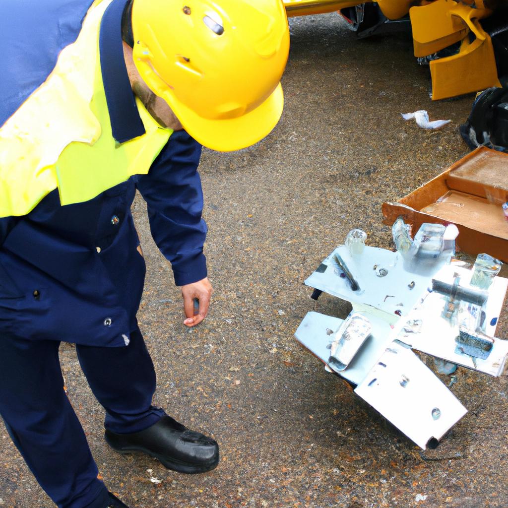 Person inspecting construction equipment parts