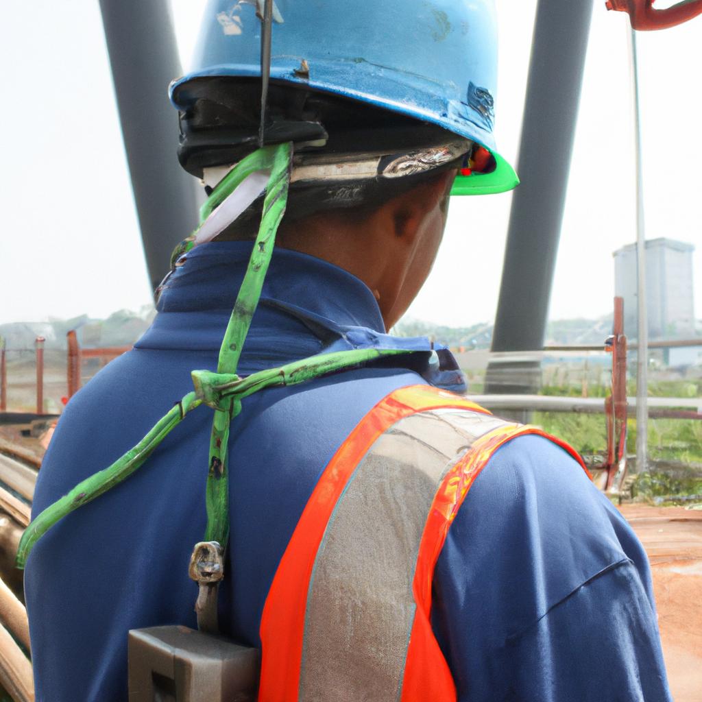 Person wearing safety gear, inspecting