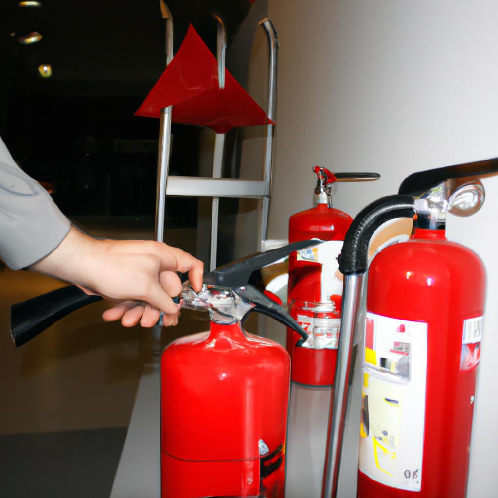 Person inspecting fire extinguisher equipment