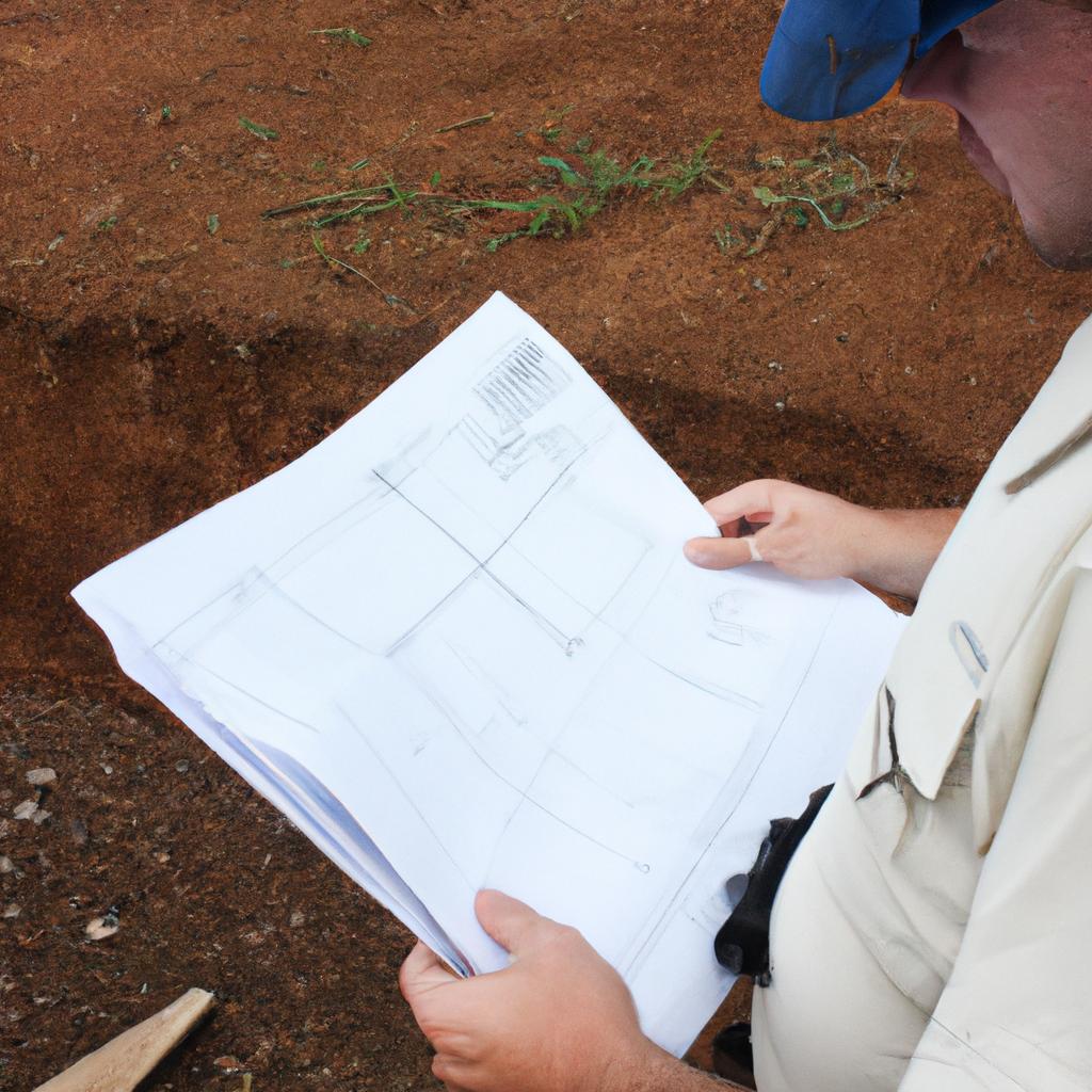 Person holding blueprint, inspecting foundation