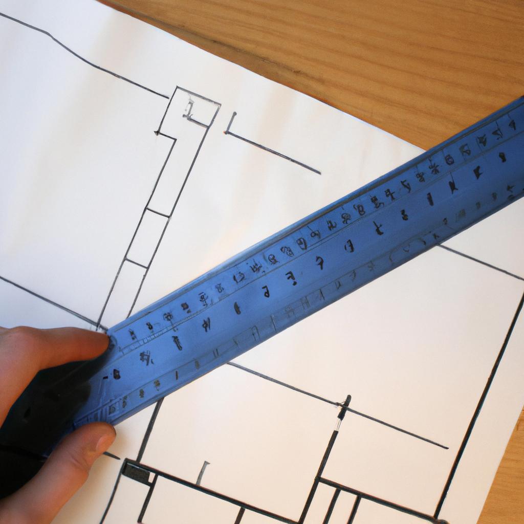 Person holding blueprint, measuring materials
