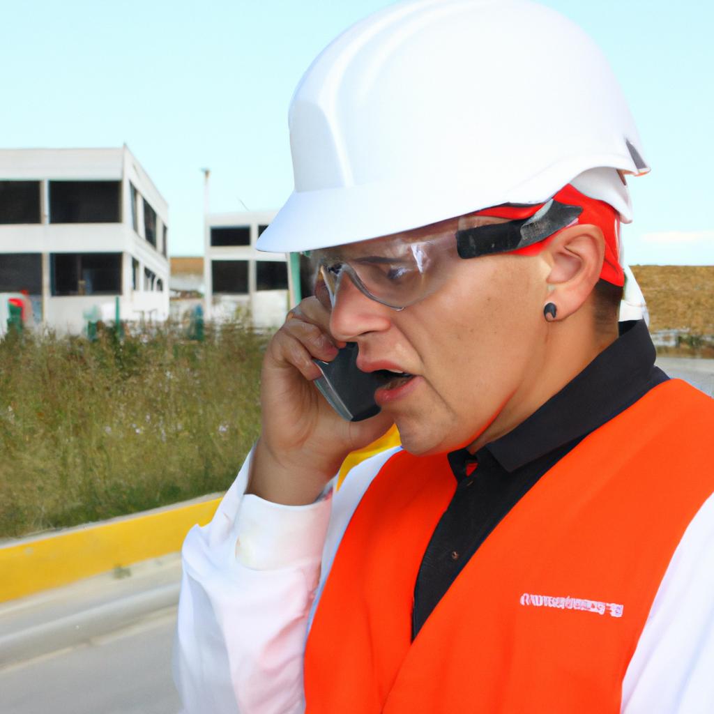 Worker wearing safety gear, communicating