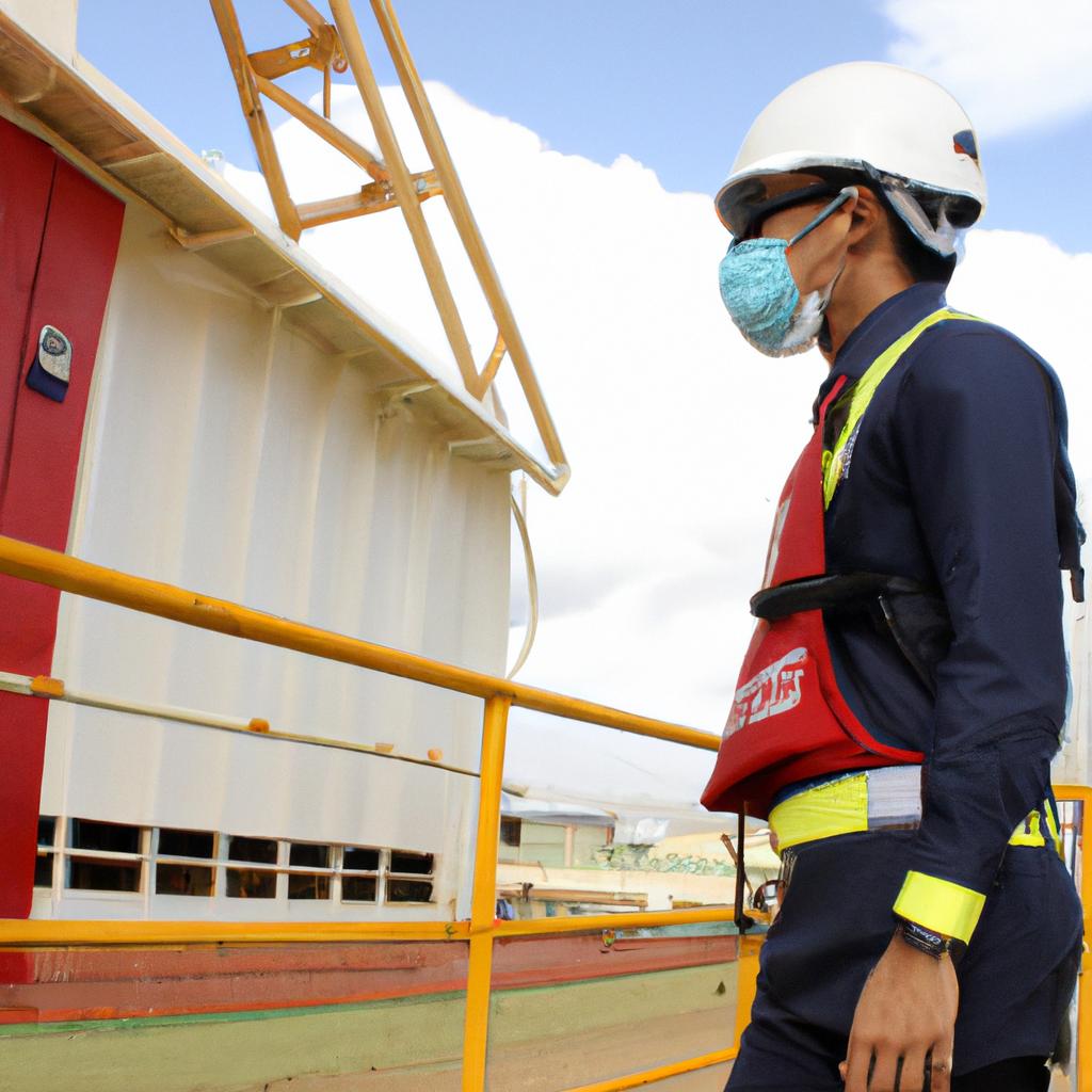 Worker wearing safety gear, inspecting