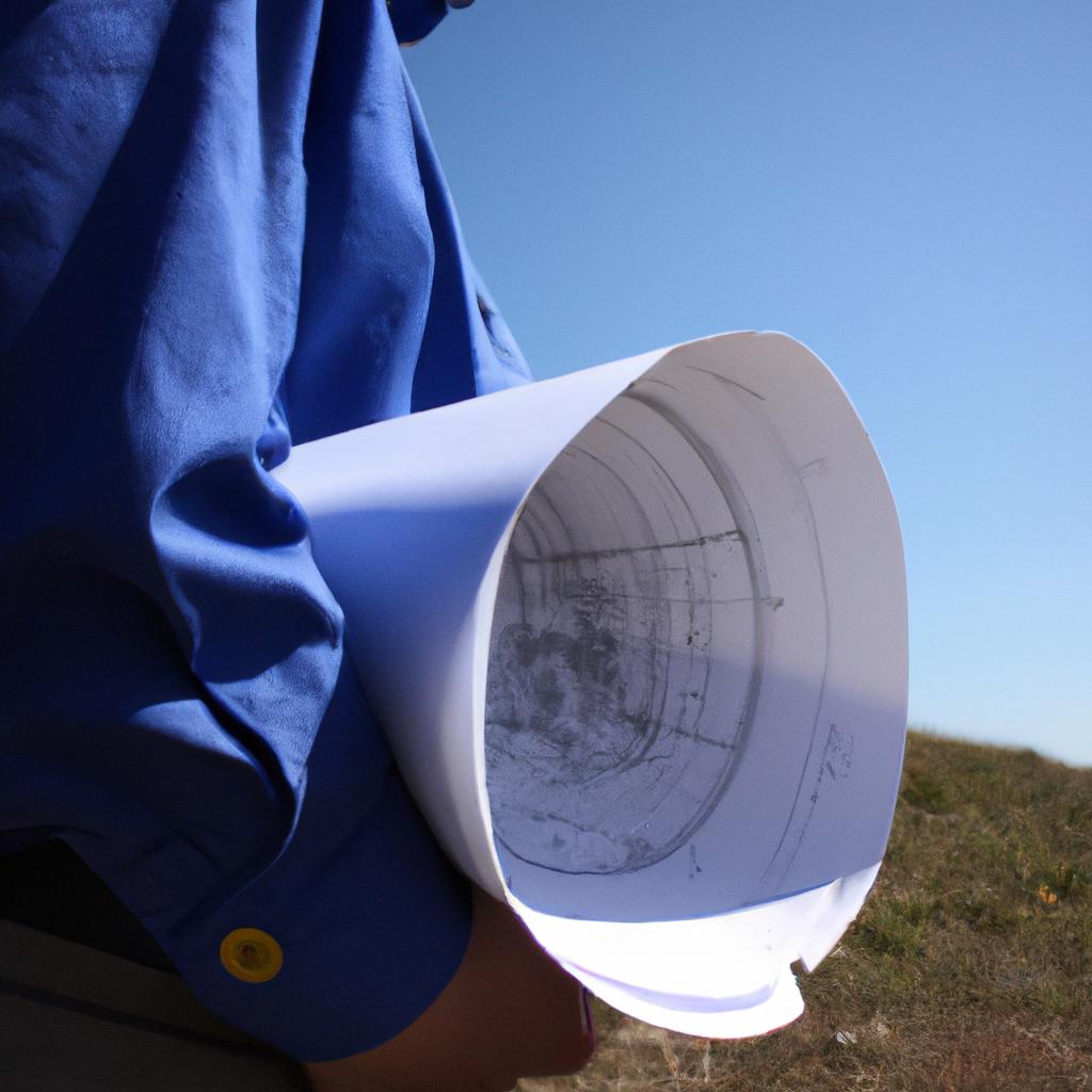 Person holding blueprints, surveying land